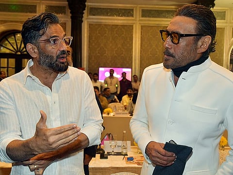 Bollywood actors Sunil Shetty and Jackie Shroff during the meeting with Uttar Pradesh Chief Minister Yogi Adityanath to explore the state as a film making destination, at Taj Mahal Palace, in Mumbai on Thursday.