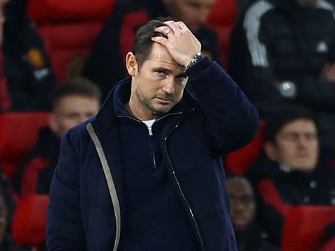 Everton manager Frank Lampard reacts on the touchline at Old Trafford during the FA Cup 3rd round match against Manchester United.