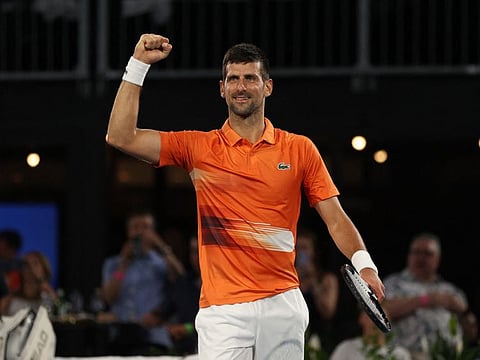 Serbia's Novak Djokovic celebrates winning his semi final match against Russia's Daniil Medvedev.