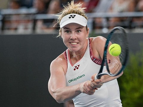 Czech tennis player Linda Noskova hits a return during her semi-final match against Tunisian Ons Jabeur at the WTA Adelaide International tournament in Adelaide.