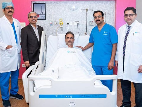From left Dr Ramji Swaminathan; Dr Balaji Balasubramaniam, patient Yusuf Miya Ismail Ustad, Dr Nagendranath Chilumukuru and Dr Yogesh Harish Bhandari after successful operation in Abu Dhabi.
