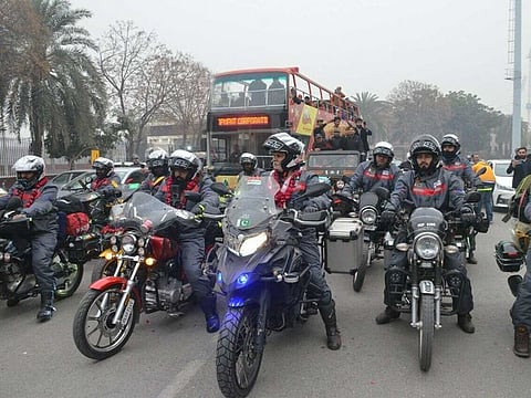 The convoy of bikers pictured in the Pakistani city of Lahore before leaving on a six-nation tour.