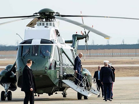 US President Joe Biden descends from Marine One before boarding Air Force One for a trip to Mexico at Joint Base Andrews in Maryland, US, January 8, 2023.