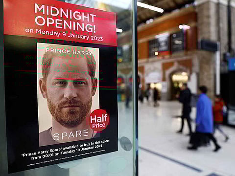 A poster advertising the launch of the book "Spare", by Britain's Prince Harry, the Duke of Sussex, is seen in the window of a bookstore in London, Britain, January 9, 2023.