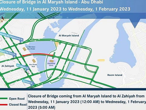 One of the four bridges connecting Abu Dhabi island to Al Maryah Island will be temporarily closed to vehicular traffic from tomorrow onwards.