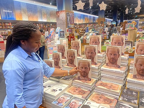 Copies of Spare by Prince Harry at Kinokuniya bookstore in Dubai Mall on Wednesday.