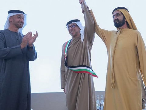 Sheikh Mohammed bin Rashid honouring Sheikh Mansour bin Zayed with the Medal of Sheikh Mohammed bin Rashid Al Maktoum in recognition of his efforts and achievements in serving the nation in the presence of President Mohamed bin Zayed on Wednesday