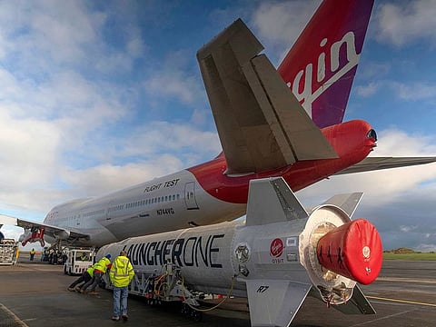 Virgin Atlantic Cosmic Girl, a repurposed Virgin Atlantic Boeing 747 aircraft that will carry a rocket, is parked at Spaceport Cornwall, at Cornwall Airport in Newquay, England.