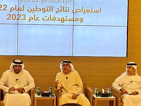 Dr. Abdulrahman Abdulmannan Al Awar, Minister of Human Resources and Emiratisation, (centre) addresses the press conference along with other officials in Dubai on Thursday.