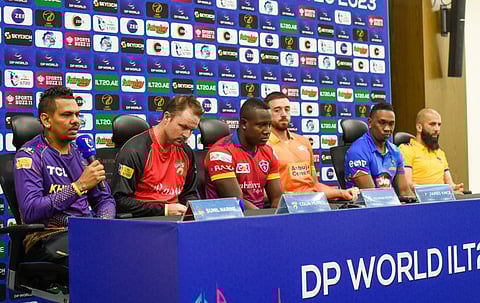From left: Abu Dhabi Knight Riders captain Sunil Narine, Desert Vipers captain Colin Munro, Dubai Capitals captain Rovman Powell, Gulf Giants skipper James Vince, MI Emirates' veteran Dwayne Bravo and Sharjah Warriors skipper Moeen Ali at a press conference on Thursday.