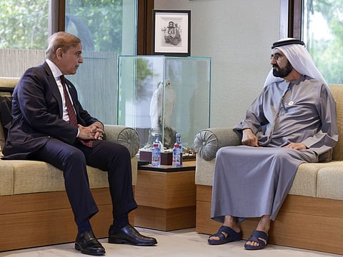 His Highness Sheikh Mohammed bin Rashid Al Maktoum, Vice President and Prime Minister of the UAE and Ruler of Dubai, during meeting on Thursday with Muhammad Shehbaz Sharif, Prime Minister of Pakistan, in Dubai