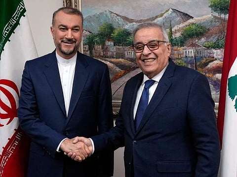 Lebanese Foreign Minister Abdallah Bouhabib, right, during his meeting with his Iranian counterpart Hossein Amirabdollahian in Beirut, Lebanon, on Jan. 13, 2023.