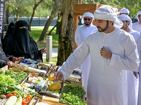 Archive image of Sheikh Hamdan bin Mohammed bin Rashid Al Maktoum during a visit to the Farmers’ Souq in Palm Parks in Dubai in January 2023