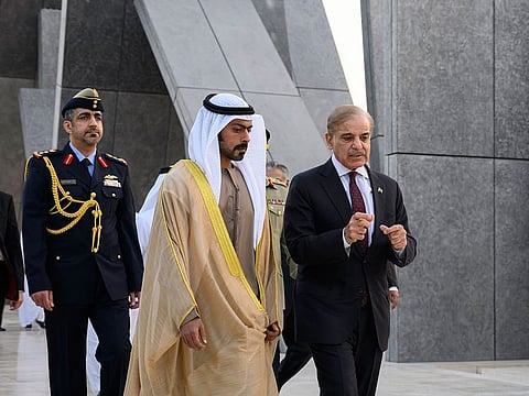 Ahead of the statement on Friday, Prime Minister Shehbaz Sharif (right) was received on Thursday by Sheikh Khalifa bin Tahnoun Al Nahyan (centre), Executive Director of the Martyrs' Families' Affairs Office, at Wahat Al Karama in Abu Dhabi