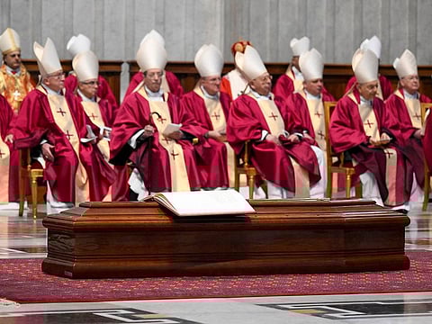 A general view of a coffin of Cardinal George Pell during his funeral in St. Peter's Basilica at the Vatican.