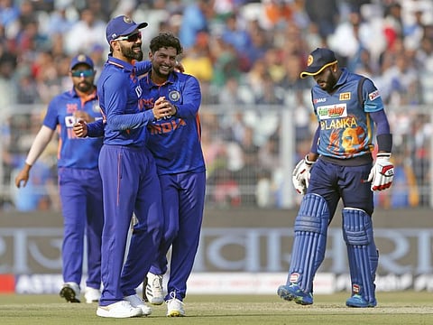 India's Kuldeep Yadav celebrates the dismissal of Sri Lanka's skipper Dasun Shanaka during the 2nd ODI match at Eden Gardens, in Kolkata. The third match will take place tomorrow.