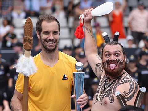 Richard Gasquet (left) of France celebrates his win over Britains Cameron Norrie during their singles final match at the Auckland Classic tennis tournament in Auckland.