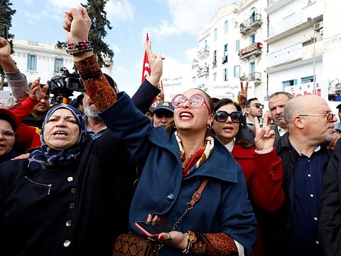 Demonstrators protest against Tunisian President Kais Saied, on the anniversary of the 2011 uprising, in Tunis, on January 14, 2023.