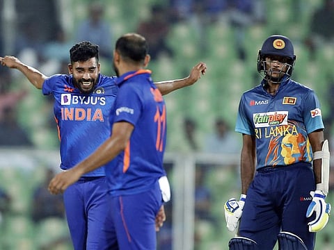 India's Mohammed Siraj celebrates a dismissal during the 3rd ODI match in the Sri Lanka Tour of India 2023, at Greenfield International Stadium, in Thiruvananthapuram.