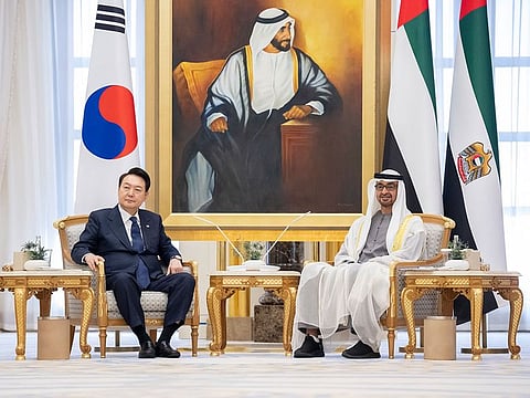 President His Highness Sheikh Mohamed bin Zayed Al Nahyan (right) with Yoon Suk Yeol, President of the Republic of Korea at Qasr Al Watan in Abu Dhabi on Sunday