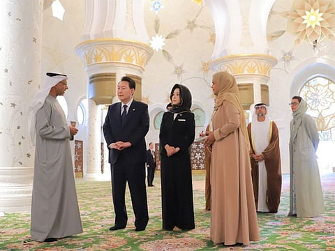 Yoon Suk Yeol, President of The Republic of Korea, and first lady Kim Keon Hee tour the Sheikh Zayed Grand Mosque in Abu Dhabi on Jan 15, 2023.