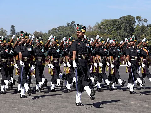 A contingent of the Madras Regiment marches past at the 75th Army Day Parade, at MEG Centre, in Bengaluru on Sunday, Jan 15, 2023.