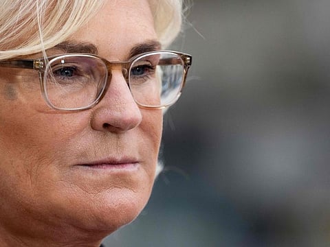 This file photo taken on March 30, 2022 shows German Minister of Defense Christine Lambrecht speaking to the press at Freedom Plaza in Washington, DC.