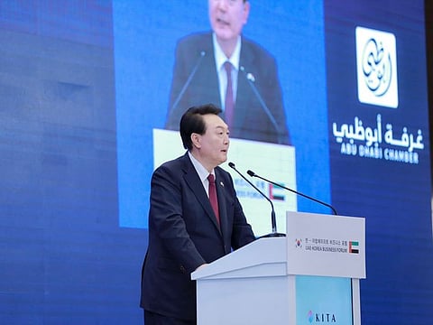 Yoon Suk-yeol, President of the Republic of Korea, addresses the forum in Abu Dhabi.