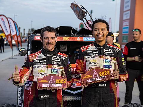 Staphane Dupla (left) and Aliyyah Koloc at the 2023 Dakar Rally.