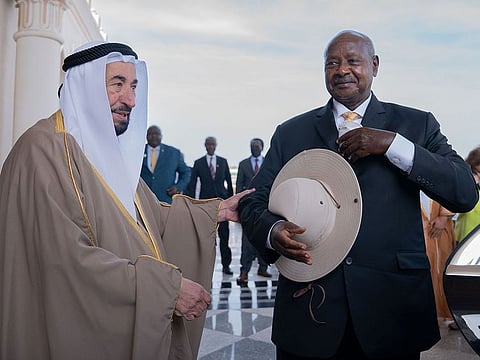His Highness Dr Sheikh Sultan bin Muhammad Al Qasimi (left), Supreme Council Member and Ruler of Sharjah, with President Yoweri Museveni of Uganda