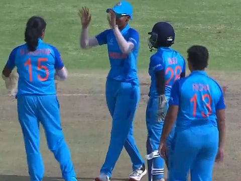 Indian players celebrate a wicket against South Africa in the ICC Under19 Twenty World Cup.