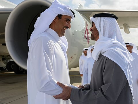 President His Highness Sheikh Mohamed bin Zayed Al Nahyan receives Sheikh Tamim bin Hamad Al Thani Emir of Qatar at the Presidential Airport.