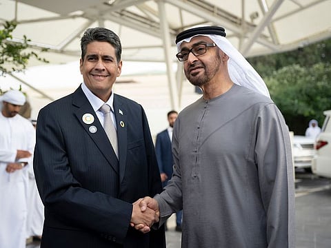 President His Highness Sheikh Mohamed bin Zayed Al Nahyan with Surangel Whipps Jr, President of Palau.