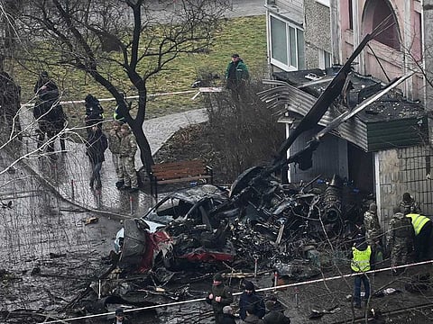 A general view of the site of a helicopter crash, in the town of Brovary, outside Kyiv, Ukraine, January 18, 2023.