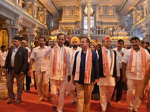 Telangana Chief Minister K Chandrashekar Rao with Punjab Chief Minister Bhagwant Mann, Delhi Chief Minister Arvind Kejriwal and Samajwadi Party (SP) chief Akhilesh Yadav visit Sri Lakshmi Narasimha Swamy Temple to offer prayers, in Yadadri Bhuvanagiri on Wednesday, January 18, 2023.