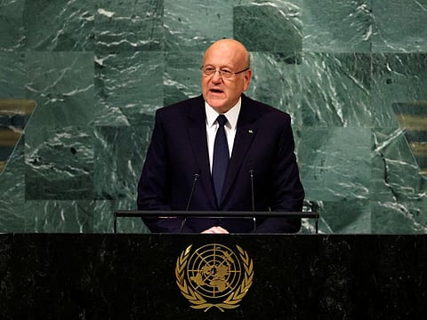 Najib Mikati, caretaker Prime Minister of Lebanon, addresses the 77th Session of the United Nations General Assembly at UN Headquarters in New York City, September 21, 2022. Lebanon’s foreign ministry said payment of the UN dues would take place “directly, in a way that preserves Lebanon’s rights at the United Nations”.