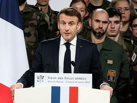 French President Emmanuel Macron speaks during his New Year address to the French Army at the Mont-de-Marsan air base, southwestern France, on January 20, 2023.