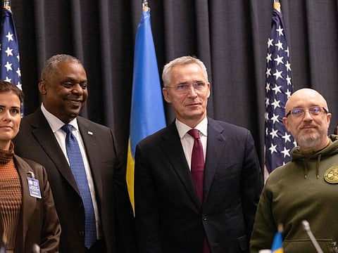 Ukrainian Defence Minister Oleksii Reznikov (right) poses with Nato Secretary General Jens Stoltenberg (second right), Icelandic Defence Minister Thordis Kolbrun R Gylfadottir (left) and US Secretary of Defence Lloyd Austin at their arrival to the Ukraine Defense Contact Group meeting at Ramstein Air Base in Ramstein-Miesenbach, southwestern Germany on January 20, 2023.