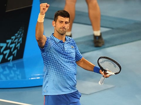 Serbia's Novak Djokovic celebrates winning his third round match against Bulgaria's Grigor Dimitrov.