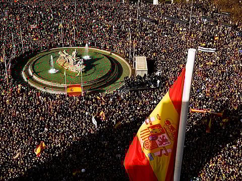 People protest against the government of Spanish Prime Minister Pedro Sanchez at Cibeles Square in Madrid, Spain, on January 21, 2023.