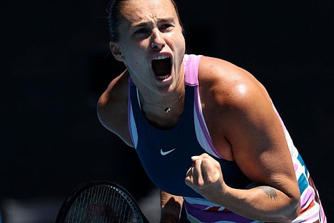 Belarus' Aryna Sabalenka celebrates a match point against Switzerland's Belinda Bencic during their women's singles match on day eight of the Australian Open tennis tournament in Melbourne.