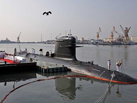 File image: Indian Navy officers stand on INS Vagir, the fifth submarine of Project 75, during its commissioning ceremony at the Naval Dockyard in Mumbai, India, January 23, 2023.