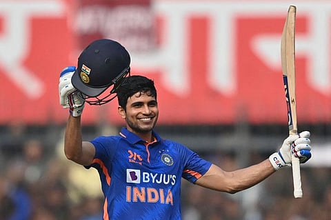 India's Shubman Gill celebrates after scoring a century during the third and final one-day international (ODI) against New Zealand at the Holkar Cricket Stadium in Indore.