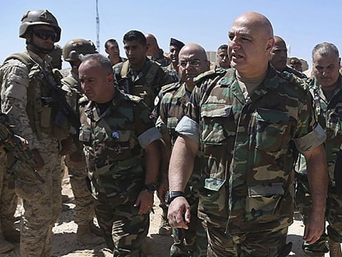 Lebanese Army Commander General Joseph Aoun, right, visits the command centre for military operation against Daesh militants, in Ras Baalbek, northeast Lebanon, in a 2017 photo.
