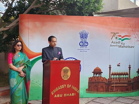 Indian Ambassador to the UAE Sunjay Sudhir addressing a gathering at the Indian Embassy in Abu Dhabi after hoisting the Indian tricolour on Thursday.