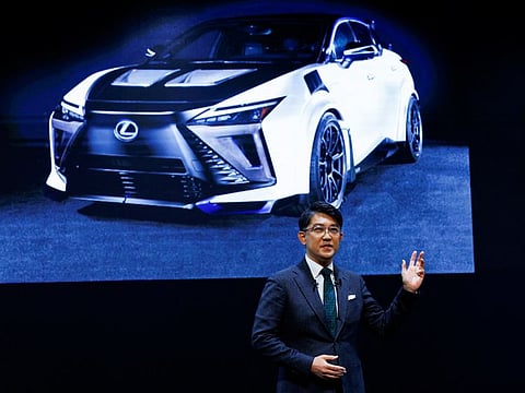 Toyota's GAZOO Racing Company President Koji Sato speaks during an event for Toyota GAZOO Racing and LEXUS at Tokyo Auto Salon 2023 at Makuhari Messe in Chiba, east of Tokyo