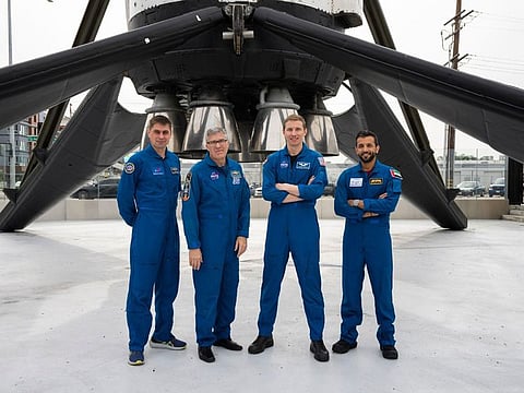 The SpaceX Dragon spacecraft, named Endeavour, atop a Falcon 9 rocket, will carry Sultan AlNeyadi (extreme right), along with two NASA astronauts – mission commander Stephen Bowen and Pilot Warren Hoburg – and Roscosmos cosmonaut Andrey Fedyaev to the ISS.
