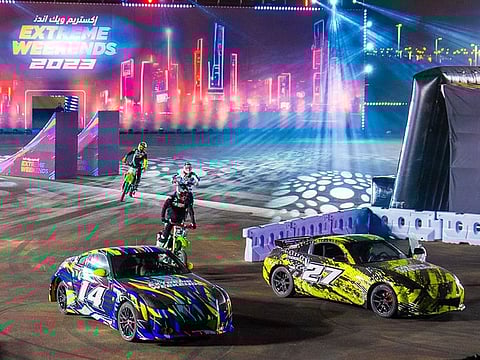 The first day of Extreme Weekends at Sheikh Zayed Festival welcomes motor cross and car drifting, with participants and professional car drifters and motorcyclists performing adventurous stunts and routines.
