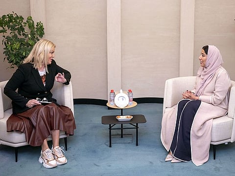 Mona Ghanem Al Marri, Vice President of the UAE Gender Balance Council (R) and Joanna Lima, President of the Women’s Forum of the Parliamentary Assembly of the Mediterranean, during their meeting in Dubai on Thursday.