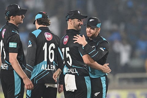 New Zealand's players celebrate their win at the end of the first Twenty20 international against India in Ranchi on Friday.